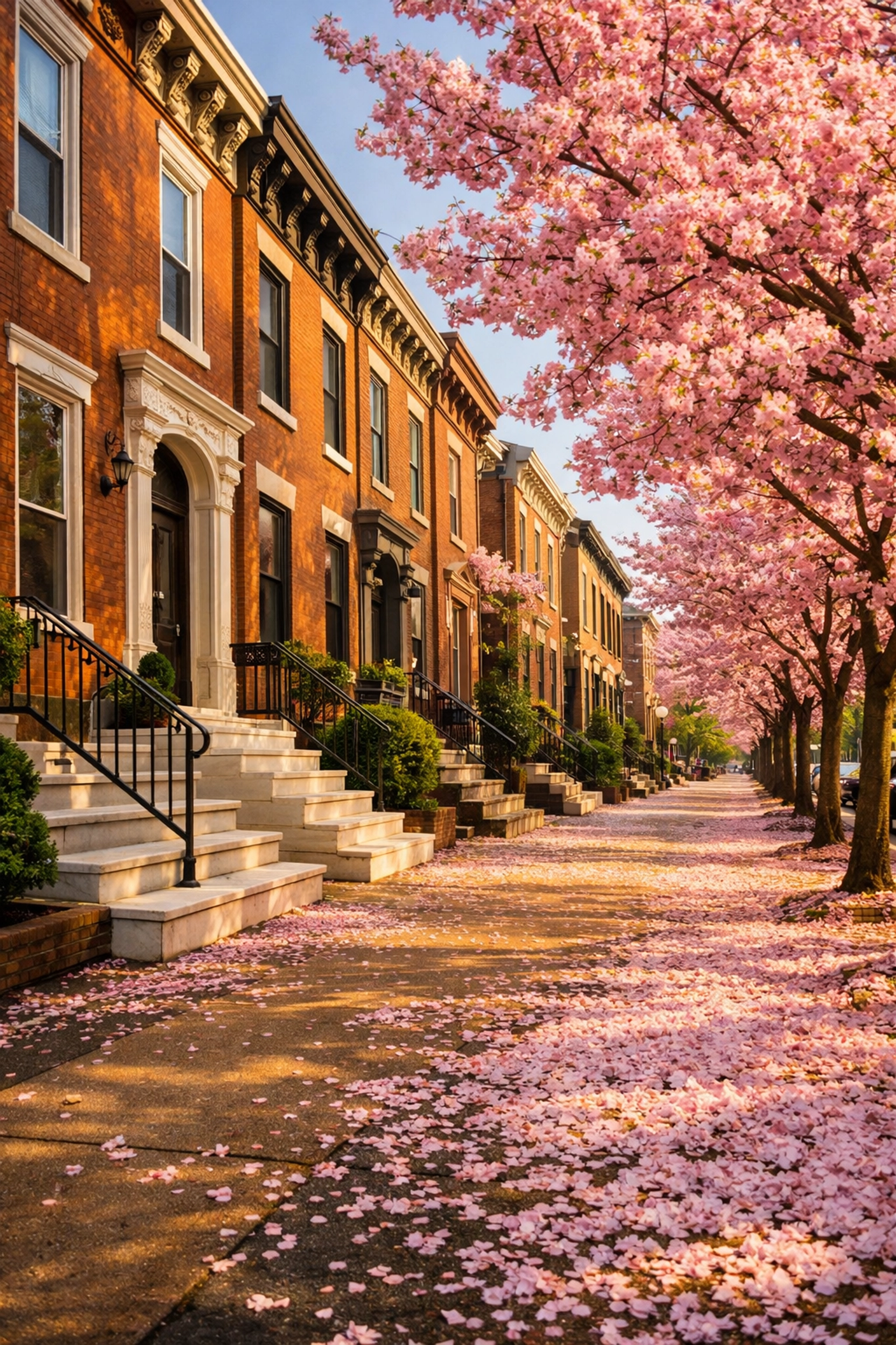 Classic red-brick Philadelphia rowhomes with pink cherry blossoms near Fairmount Park in the spring. Classic red-brick Philadelphia rowhomes with pink cherry blossoms near Fairmount Park in the spring.