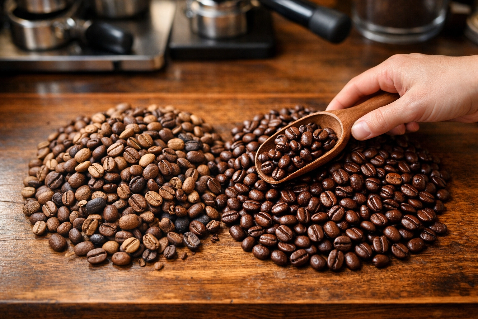 Comparison of cheap inconsistent coffee beans versus premium specialty coffee beans on café counter