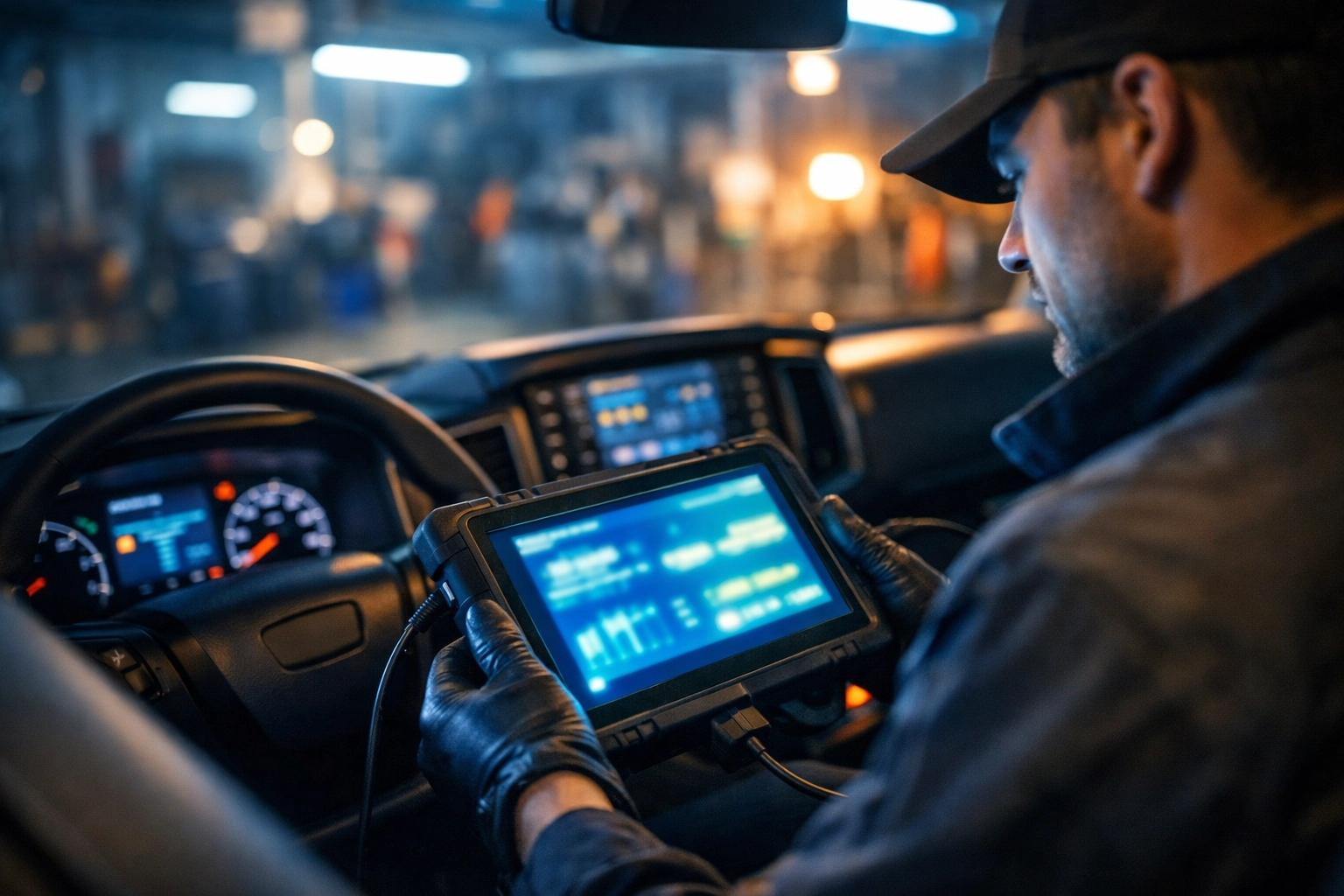 Technician using digital diagnostics for accurate fleet vehicle repair services at our Pantego auto repair shop.