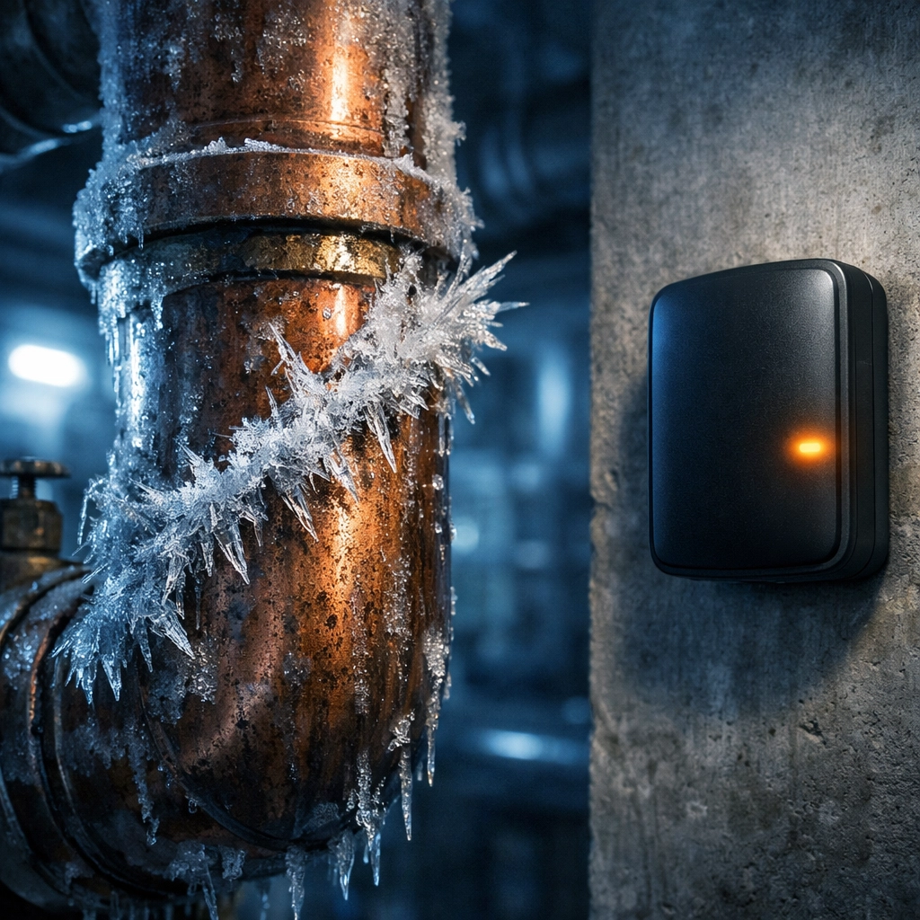 Smart freeze sensor monitoring a high-rise water pipe to prevent ice damage and flooding in BC properties.