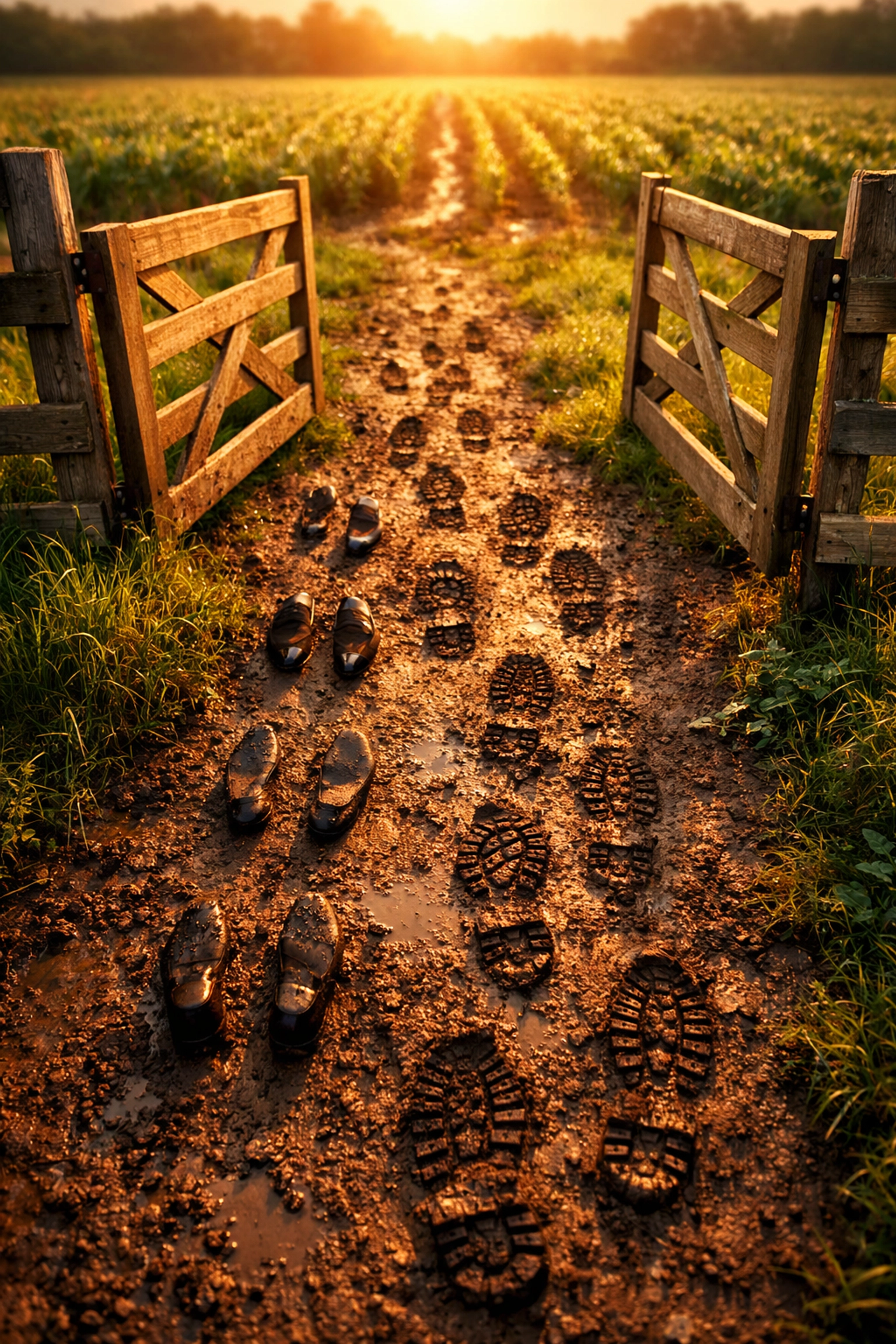 Footprints from dress shoes and work boots leading through farm gate to field