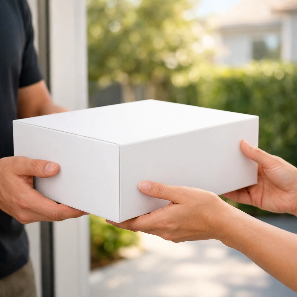 Hands receiving a package of weight loss medication delivered directly to the door for patient convenience.