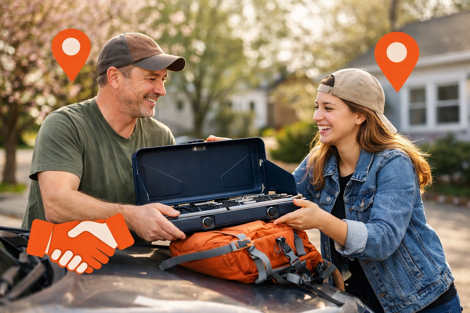 Burlington neighbors exchanging rented camping gear and a hiking pack for a weekend adventure.