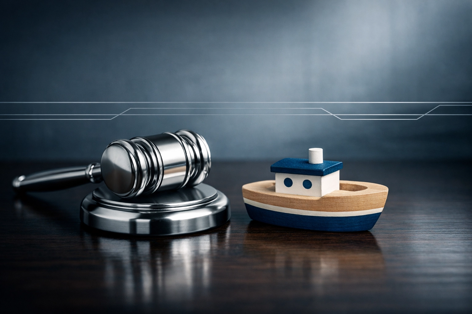 A legal gavel and wooden toy boat representing child custody law and the role of a Guardian Ad Litem.