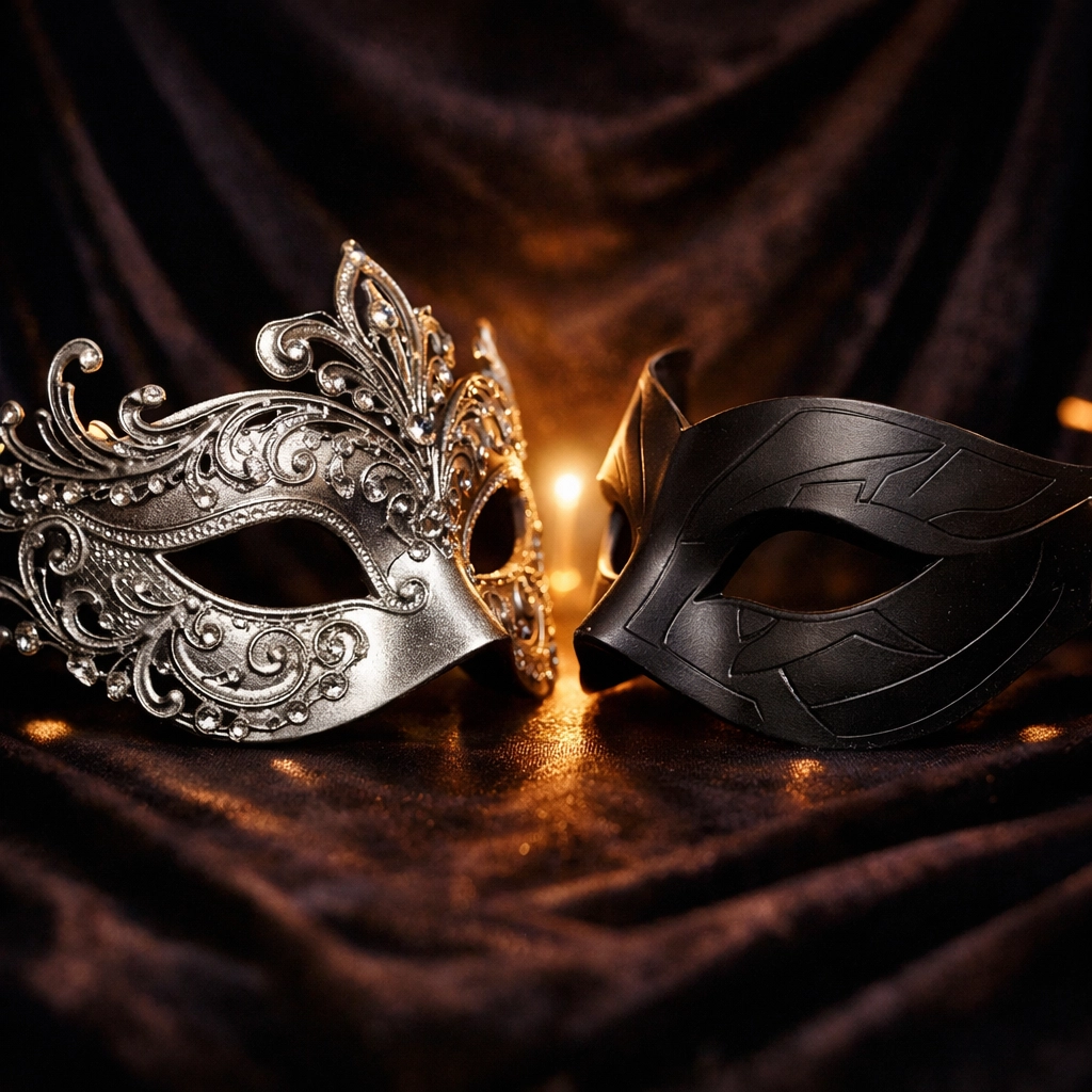 Silver and black masquerade masks facing each other symbolizing hidden identity in gay romance