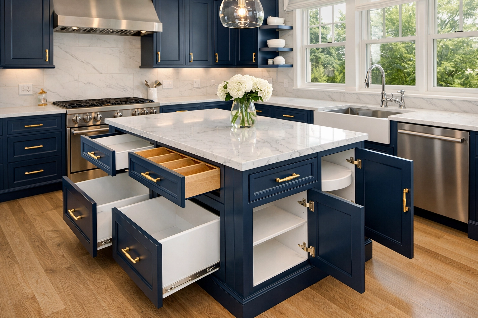 Spotless interior of kitchen cabinets after a thorough deep cleaning of renovation dust.