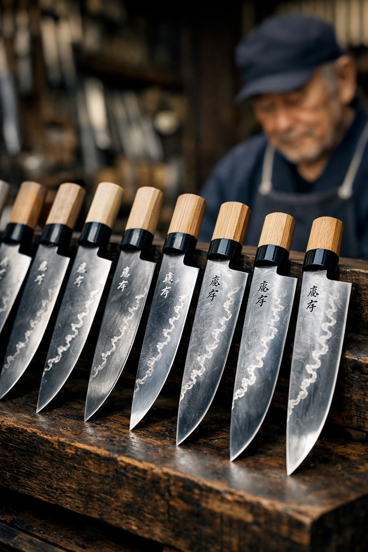 Tsukiji Outer Market Secrets Revealed: What Experts Don’t Want You to Know 3 Professional hand-forged Japanese chef knives on display at a Tsukiji cutlery shop.