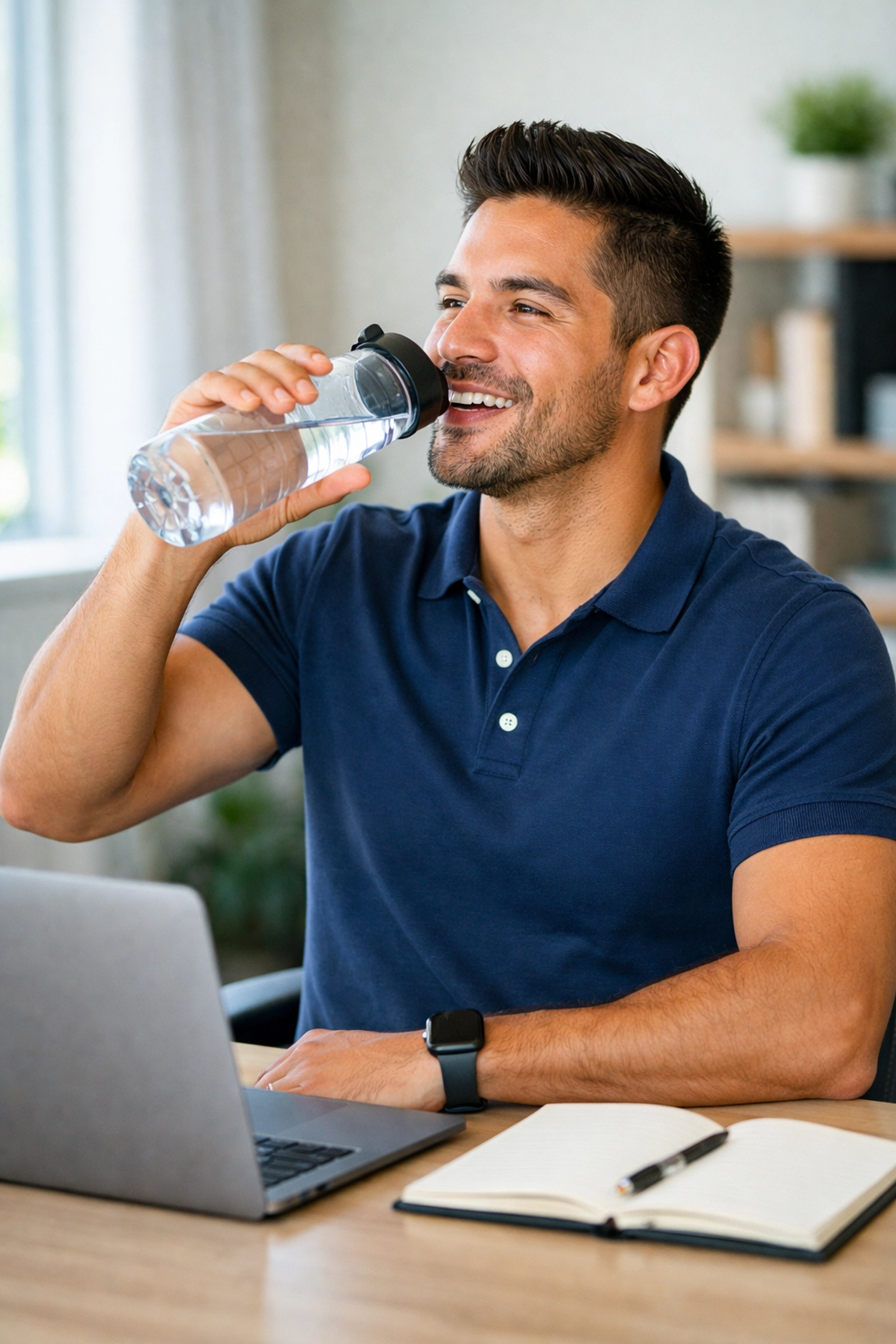Man drinking water at office desk to stay hydrated and prevent afternoon fatigue