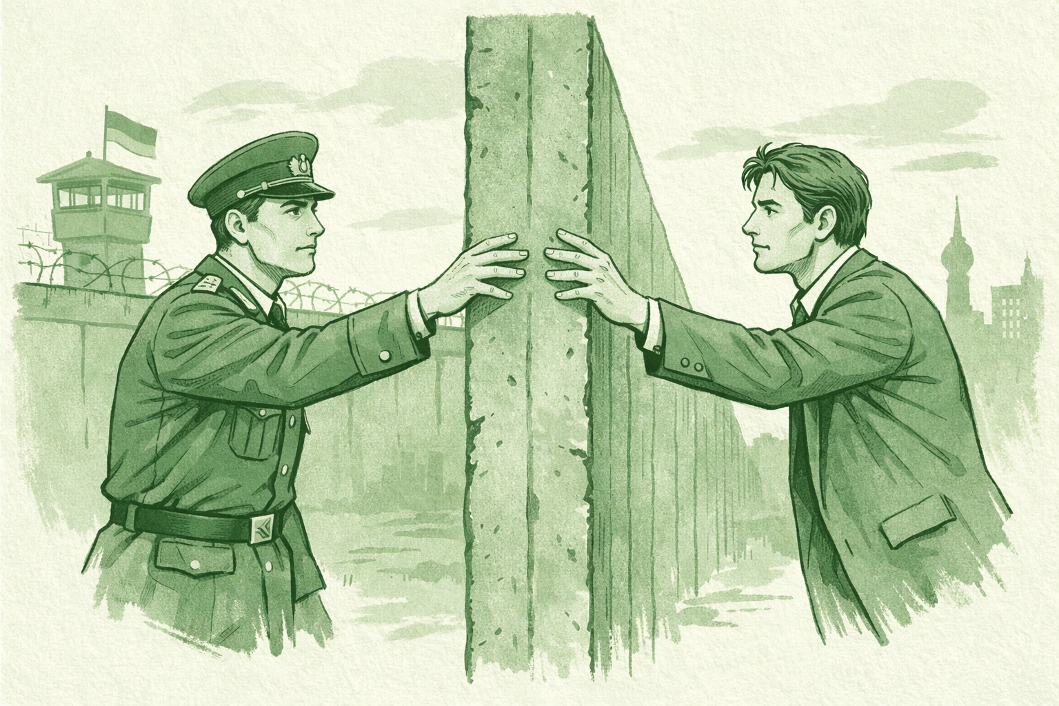 Gay historical romance: men separated by Cold War barrier reaching toward each other