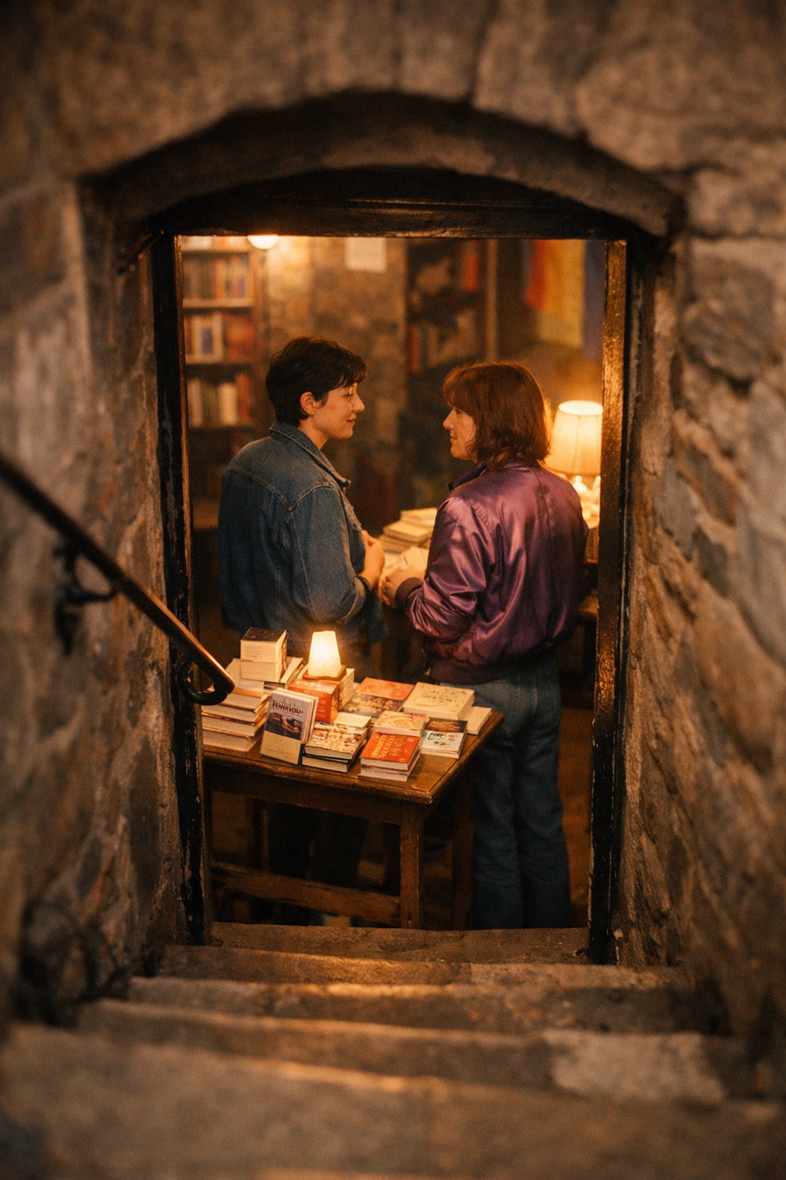 Two lesbians in a vintage 1980s Edinburgh basement LGBTQ+ bookshop browsing queer books and activist zines.