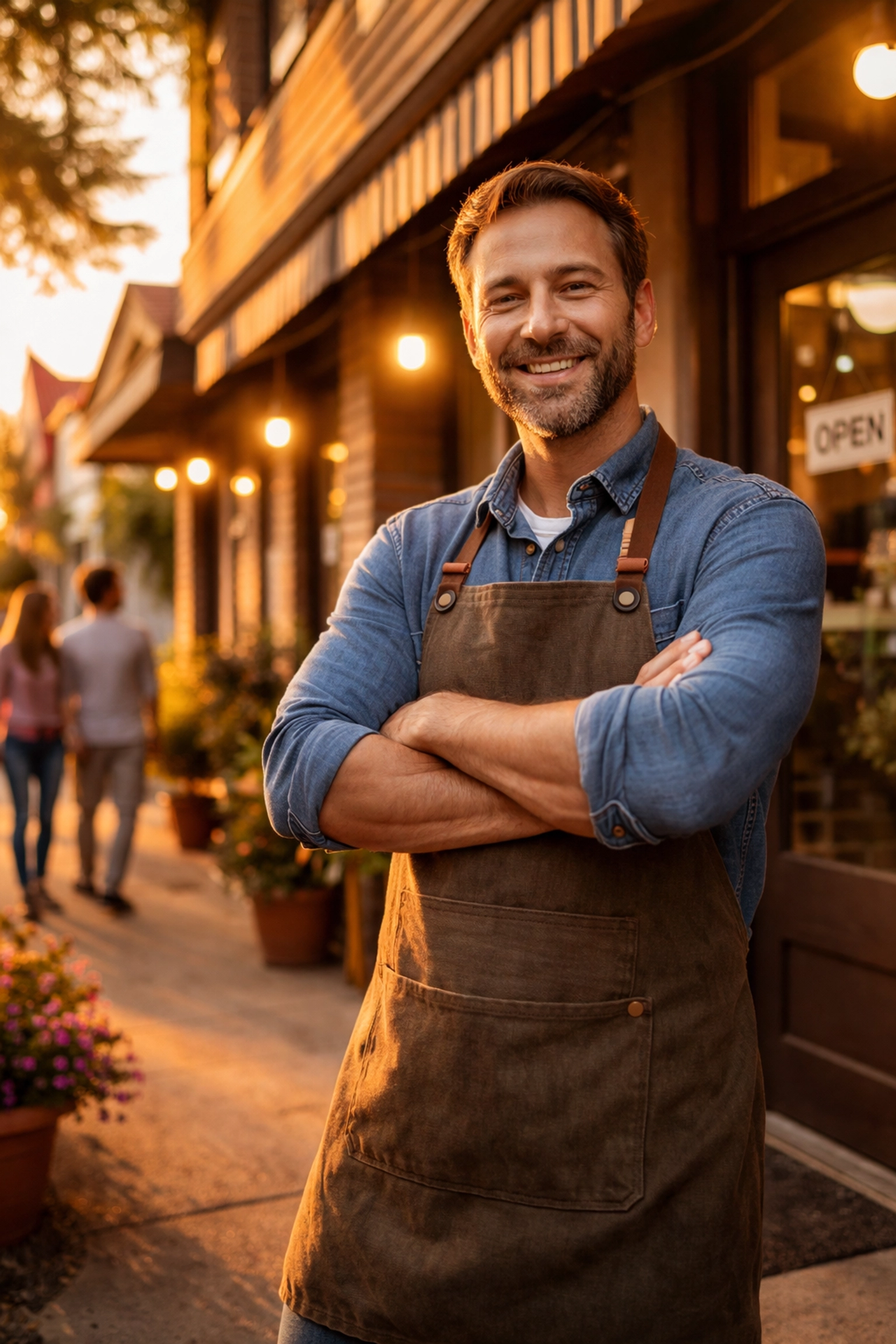 Missouri business owner smiling confidently outside local store, representing success through charity sponsorships.