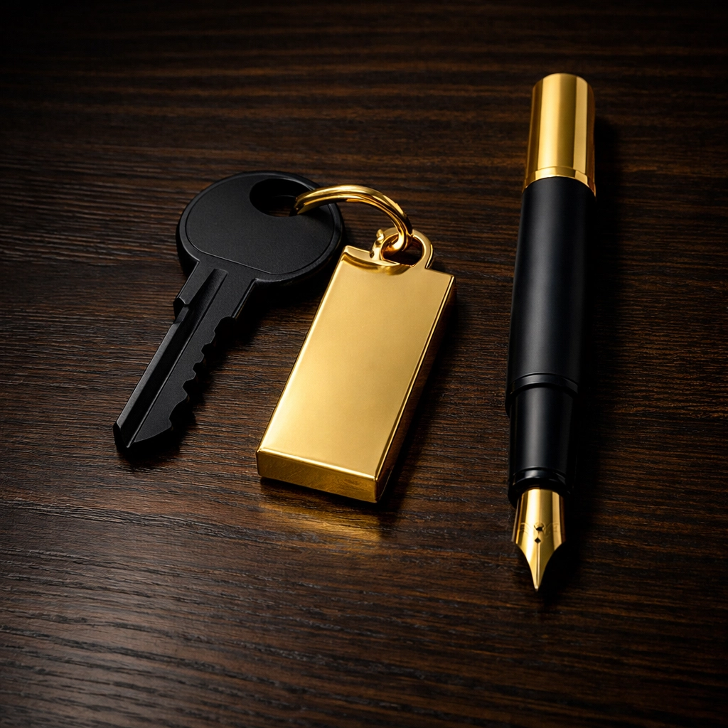 A gold and matte black property key and pen representing legal security and landlord evidence for 2026 compliance.