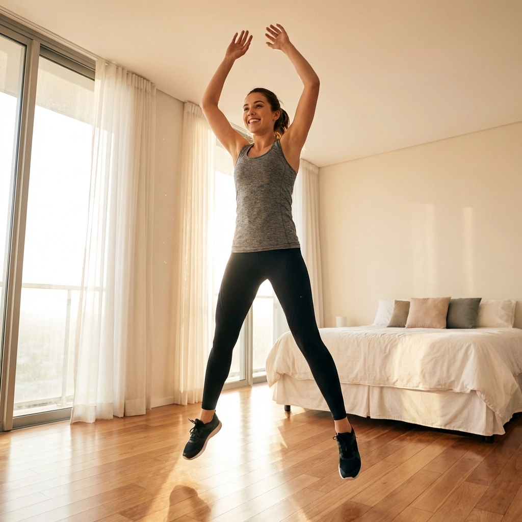 Woman doing jumping jacks as part of a 5-minute morning wellness routine