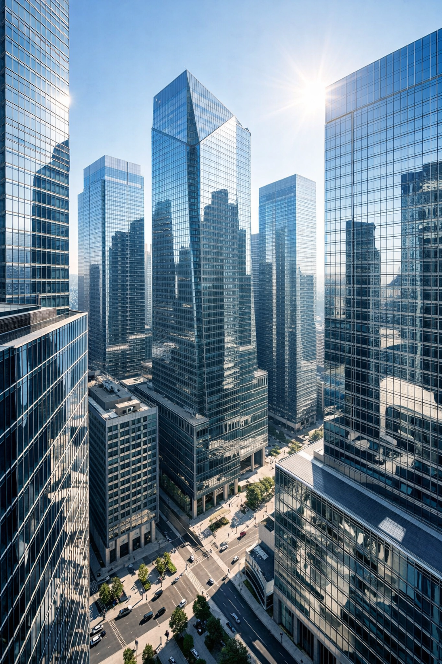 High-angle view of glass office towers in a major Midwestern metropolitan business district.