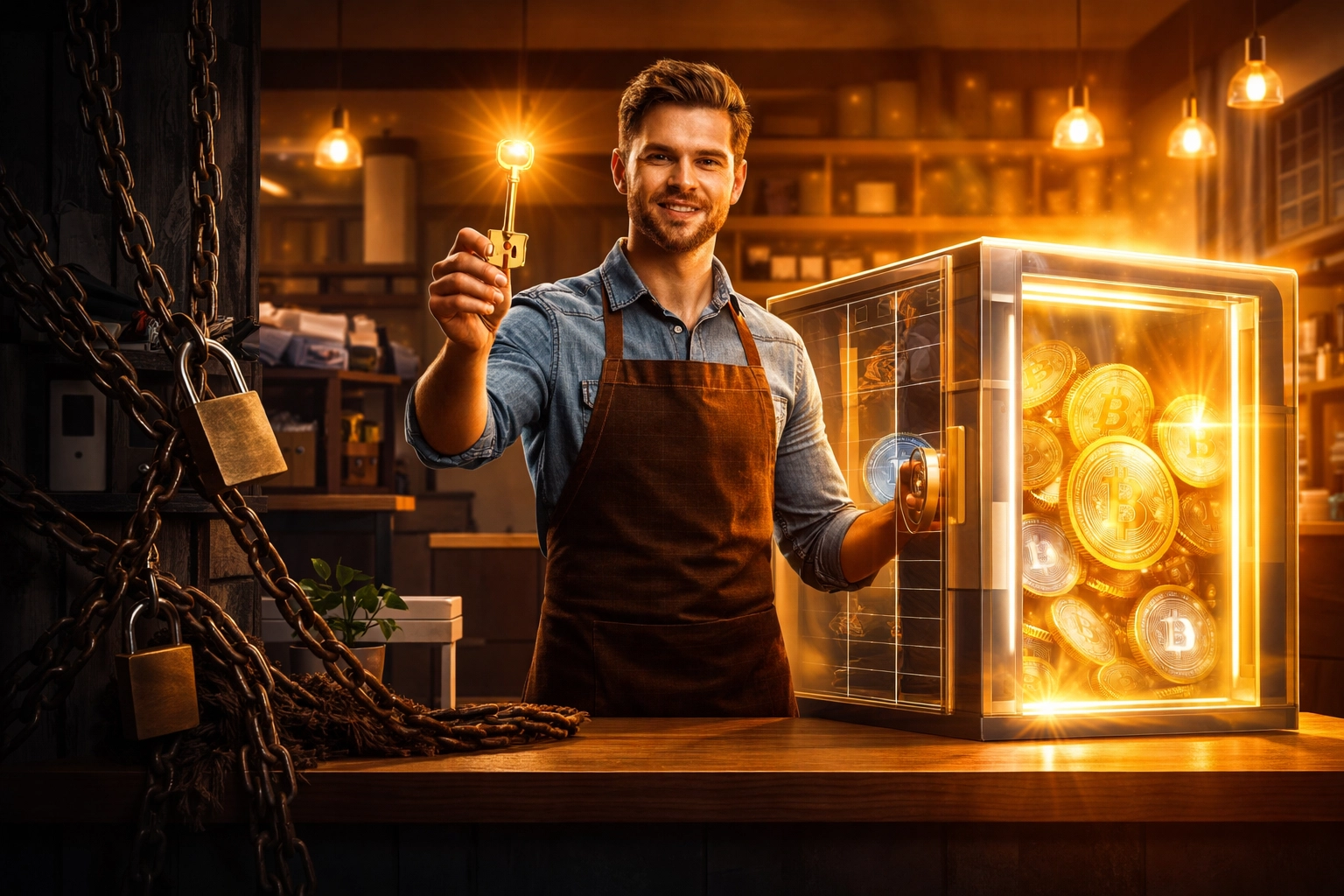Small business owner unlocking a vault of cryptocurrency, highlighting self-custody and financial empowerment in crypto payments