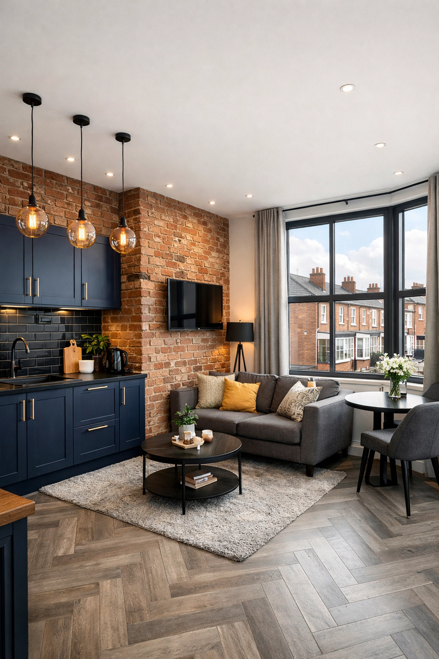 Modern interior of a completed luxury HMO conversion featuring an exposed brick wall and high-end finishes.