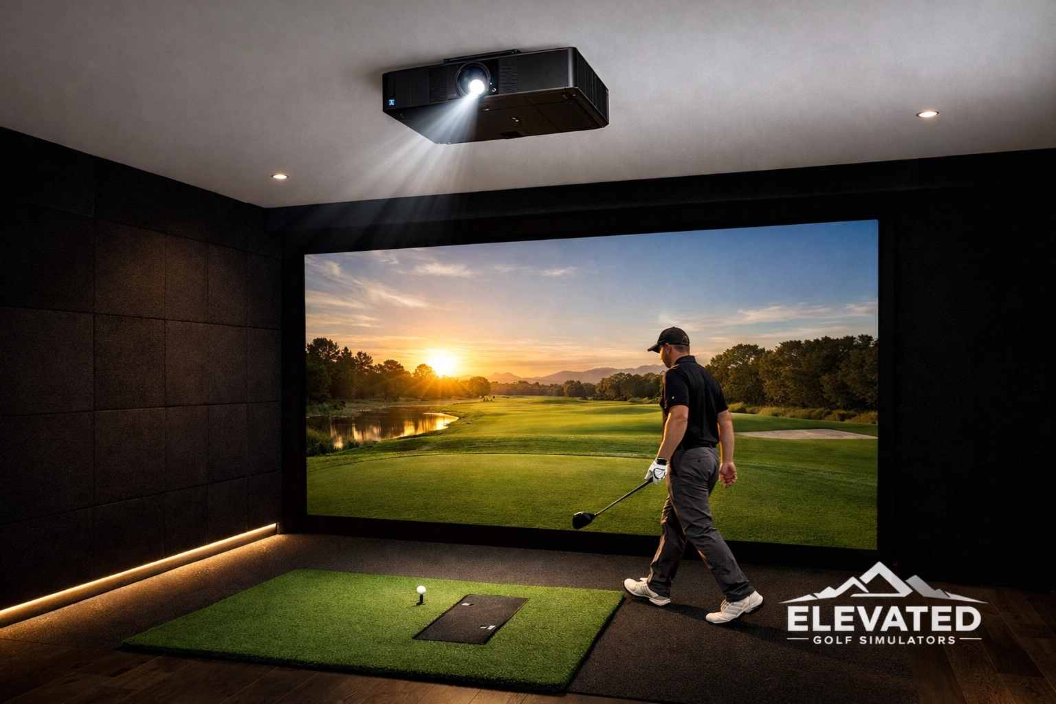 Home golf simulator featuring a high-brightness 4K laser projector for immediate indoor practice sessions.