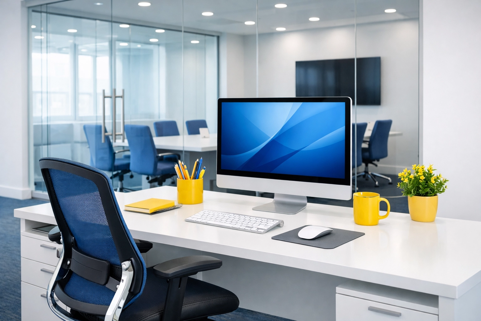 Sanitized corporate office cleaning Marlborough featuring a tidy minimalist desk and productive workspace.