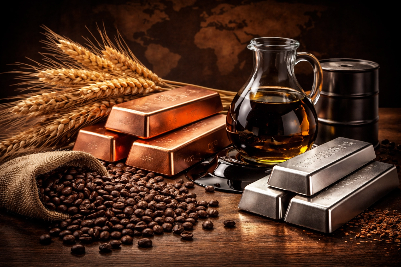 Diverse global commodities including wheat, copper, oil, coffee, and silver arranged to highlight portfolio diversification opportunities.