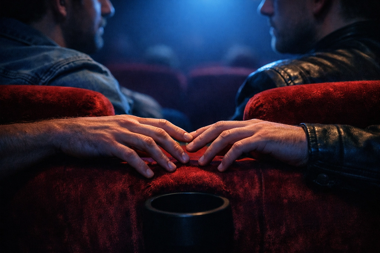 Close-up of two men’s hands almost touching on a red velvet seat in a Karachi cinema.
