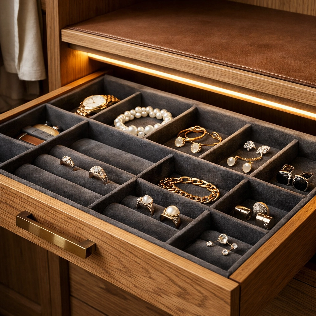 Luxury bespoke wardrobe interior with a velvet-lined jewelry drawer and integrated LED lighting.