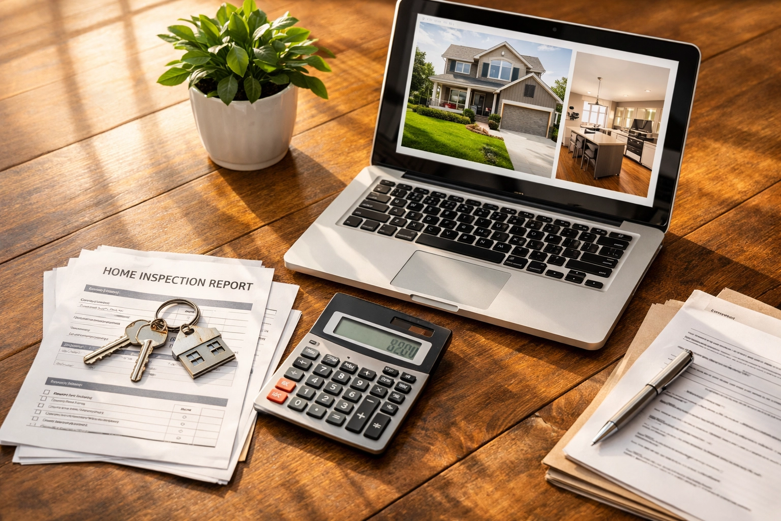 Home buying documents, keys, and calculator on table during Nashville real estate negotiation