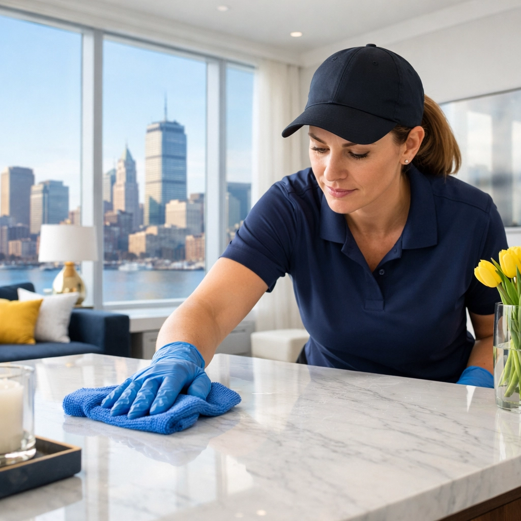 Professional cleaner performing deep apartment cleaning Boston in a modern luxury kitchen.