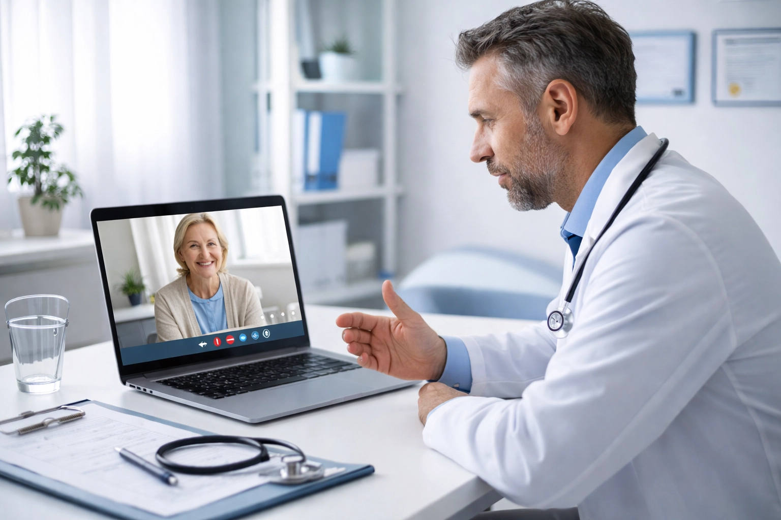 Physician consulting with home health patient via telehealth for 42 CFR 484 compliance
