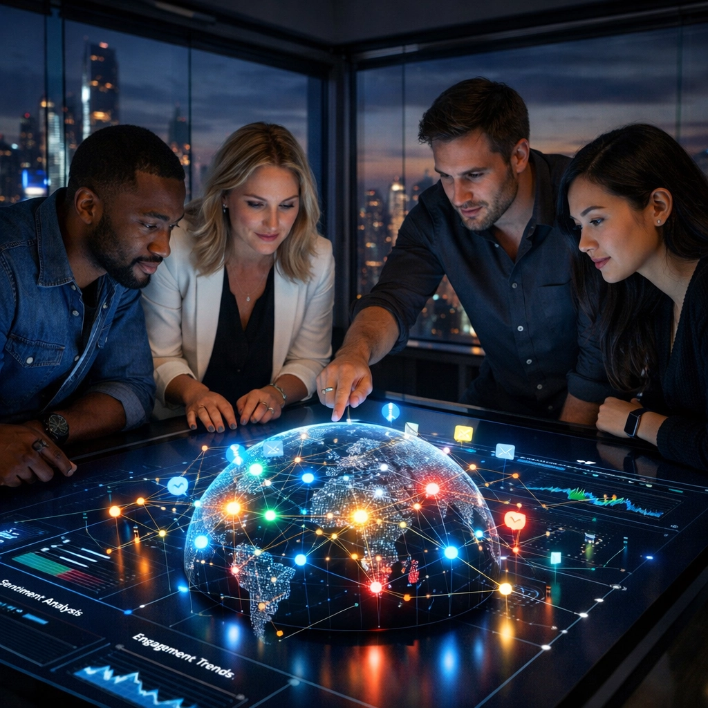 A professional marketing team reviews social media sentiment maps and Super Bowl campaign performance metrics.