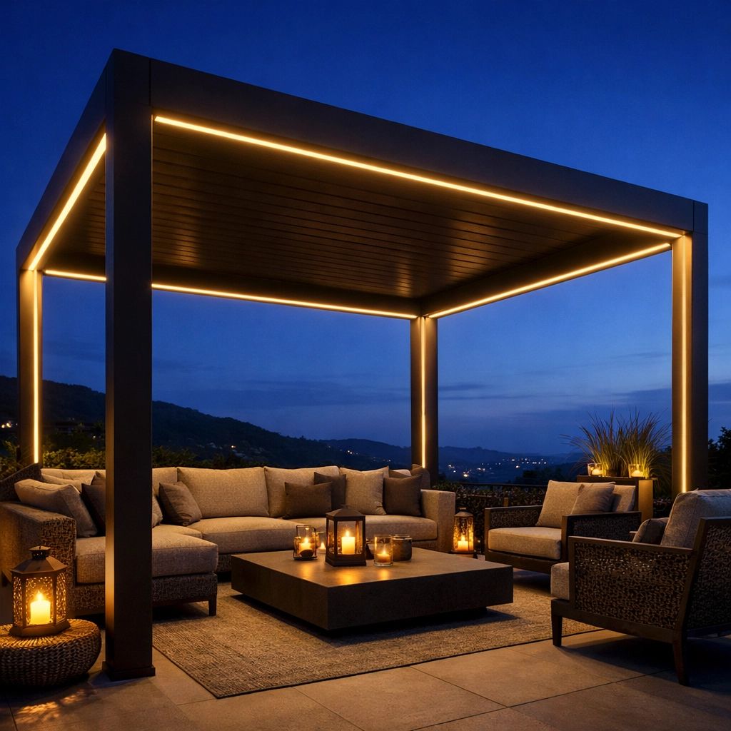 Moderne Terrassenüberdachung mit LED-Beleuchtung für ein luxuriöses Ambiente am Abend.