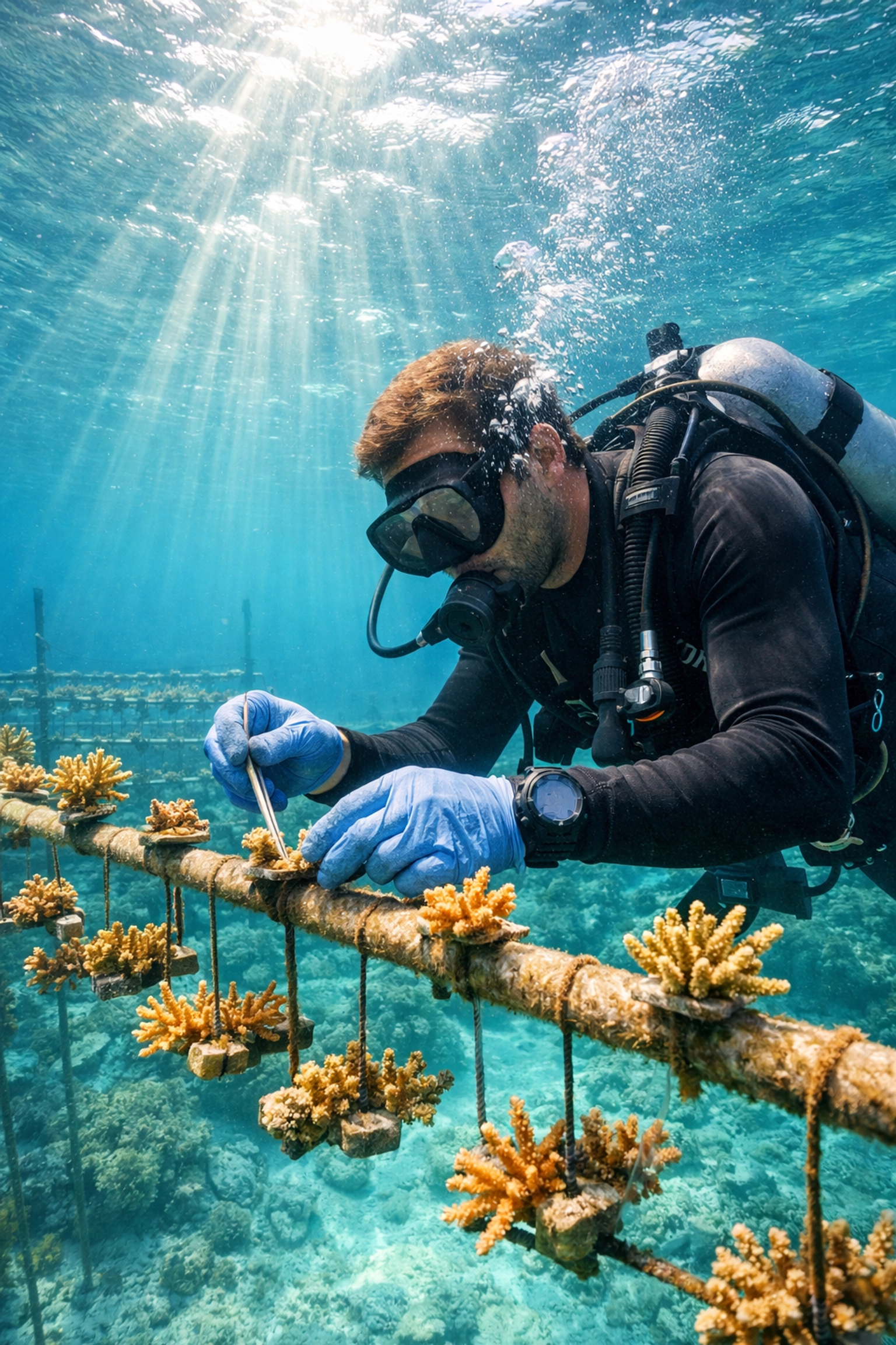 A marine biologist working in a coral nursery to support aquarium habitat restoration efforts.