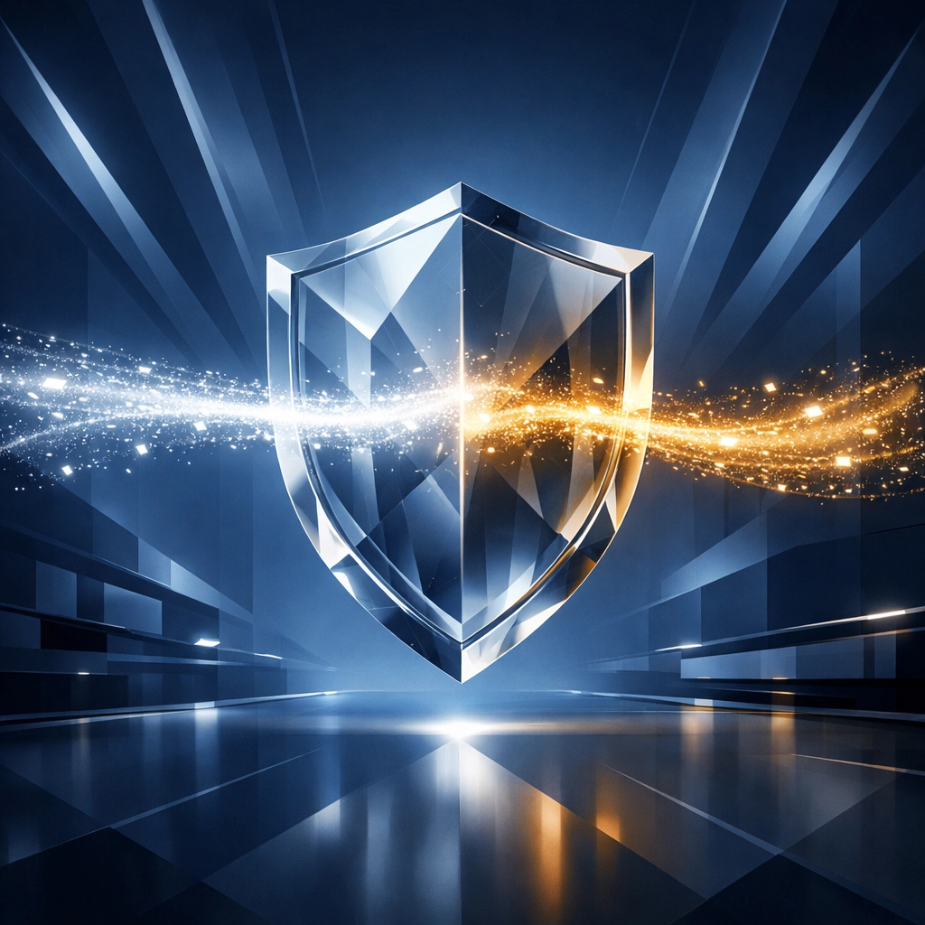 Abstract shield symbol representing E-E-A-T signals and trustworthy data in digital marketing.