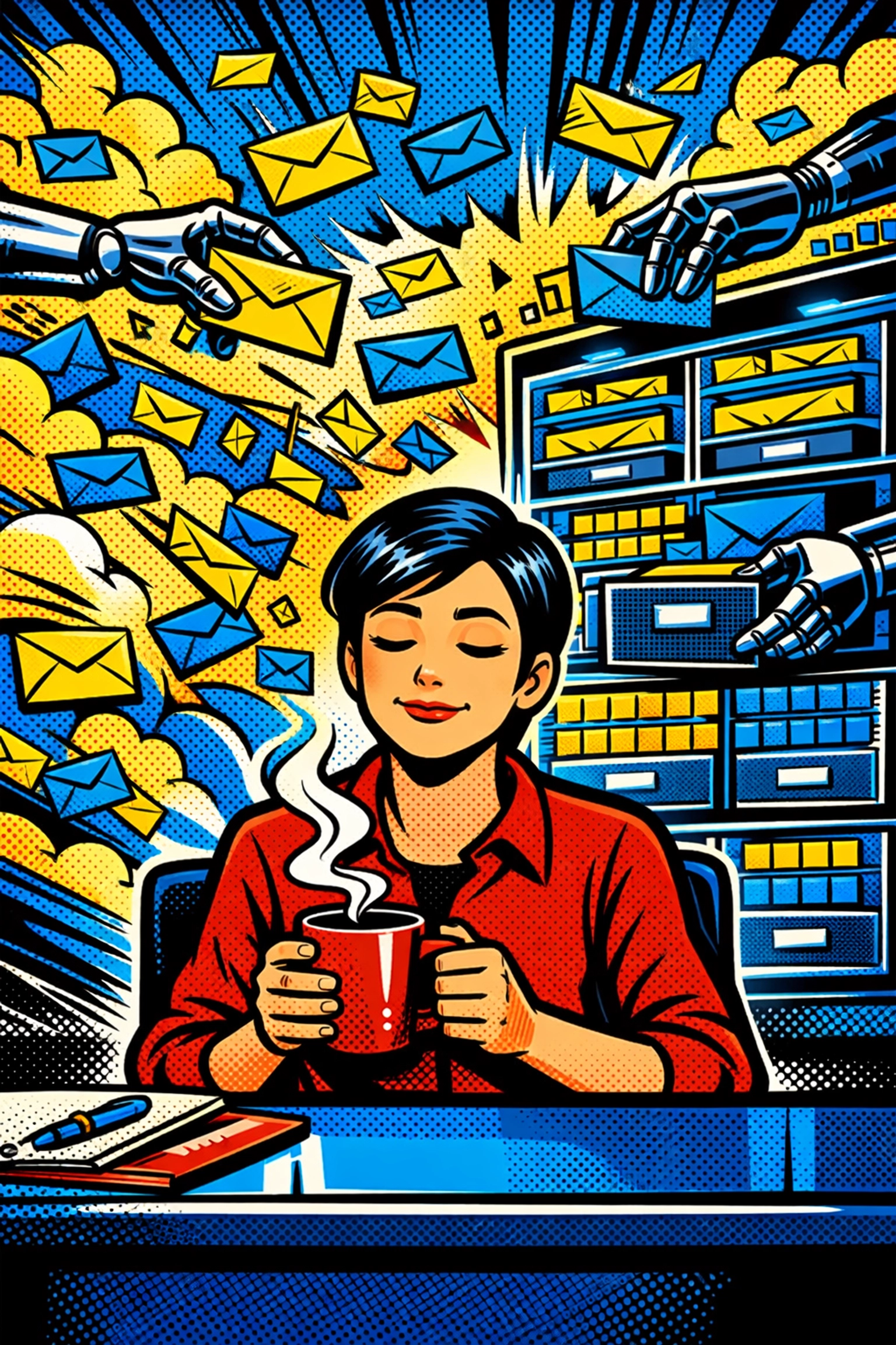 AI business automation organizing a chaotic inbox into digital files while a person drinks coffee.