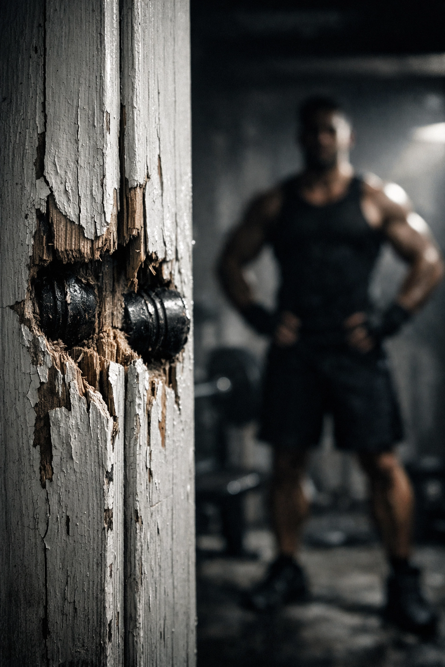 Damage to a wooden door frame caused by a standard doorway pull up bar in a home gym.