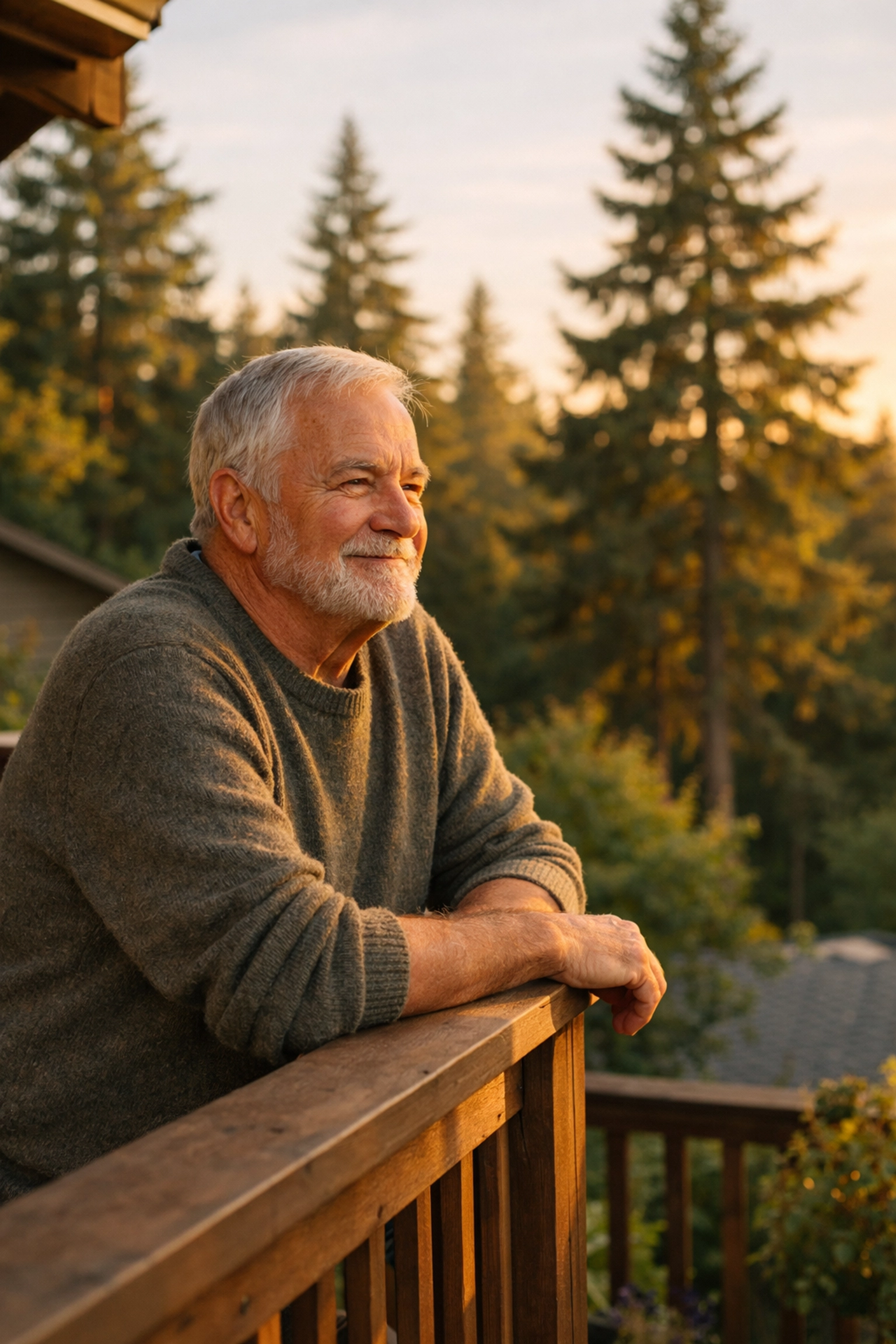 Senior man on a sunny deck in the Pacific Northwest, showcasing aging in place through home equity.