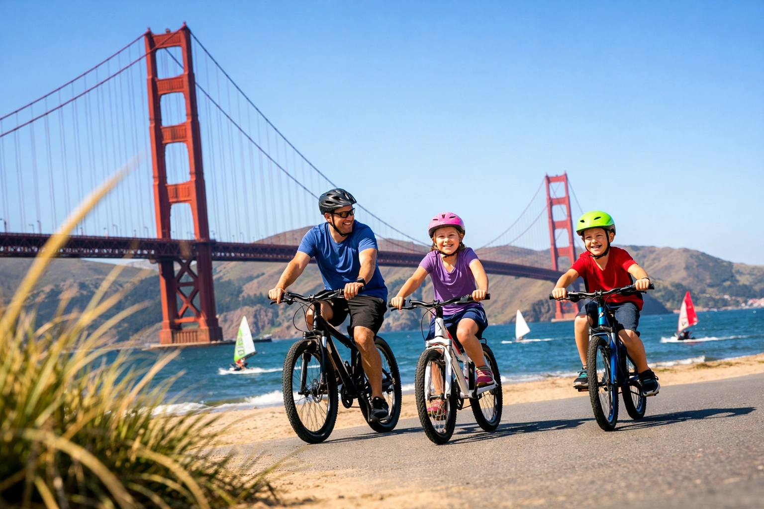 Family biking along crissy field promenade with golden gate bridge in background