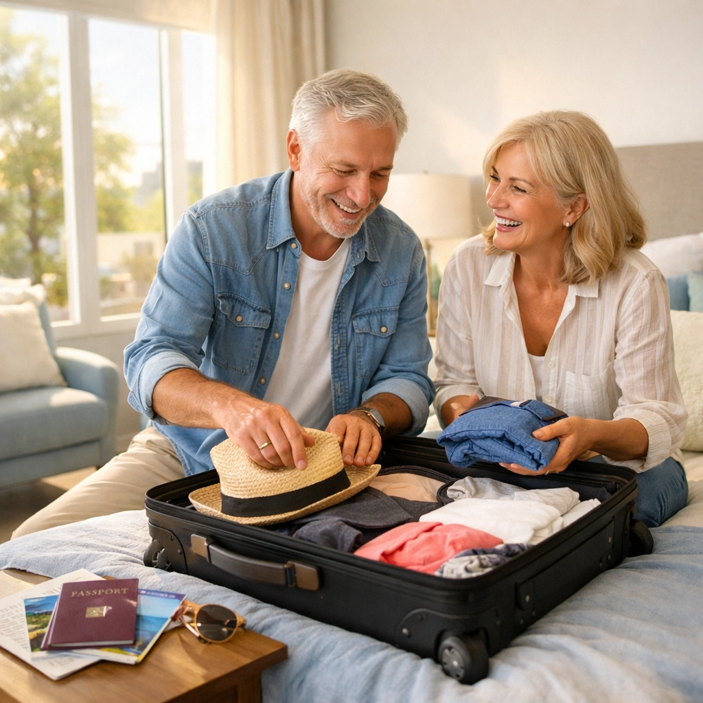 Active adults packing for travel enjoying lock and leave lifestyle in 55+ community