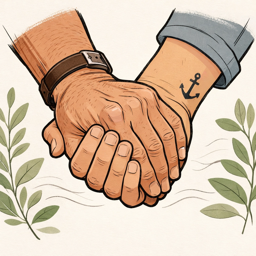 Two men holding hands firmly, representing a trusted LGBTQ support network and emotional safety.