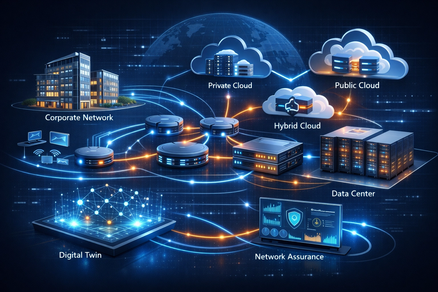 AI-generated network topology visual showing multi-vendor infrastructure mapping, fibre optic connectivity, and digital twin-style path validation.