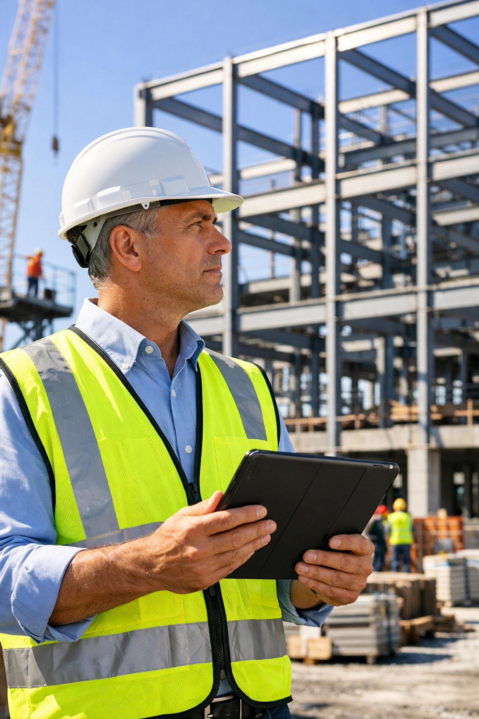 Professional construction superintendent overseeing site operations for complex project management.