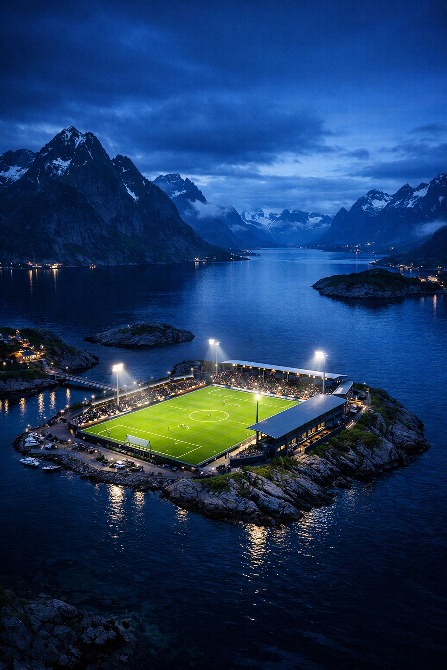 Norwegian Eliteserien football stadium overlooking coastal fjord landscape