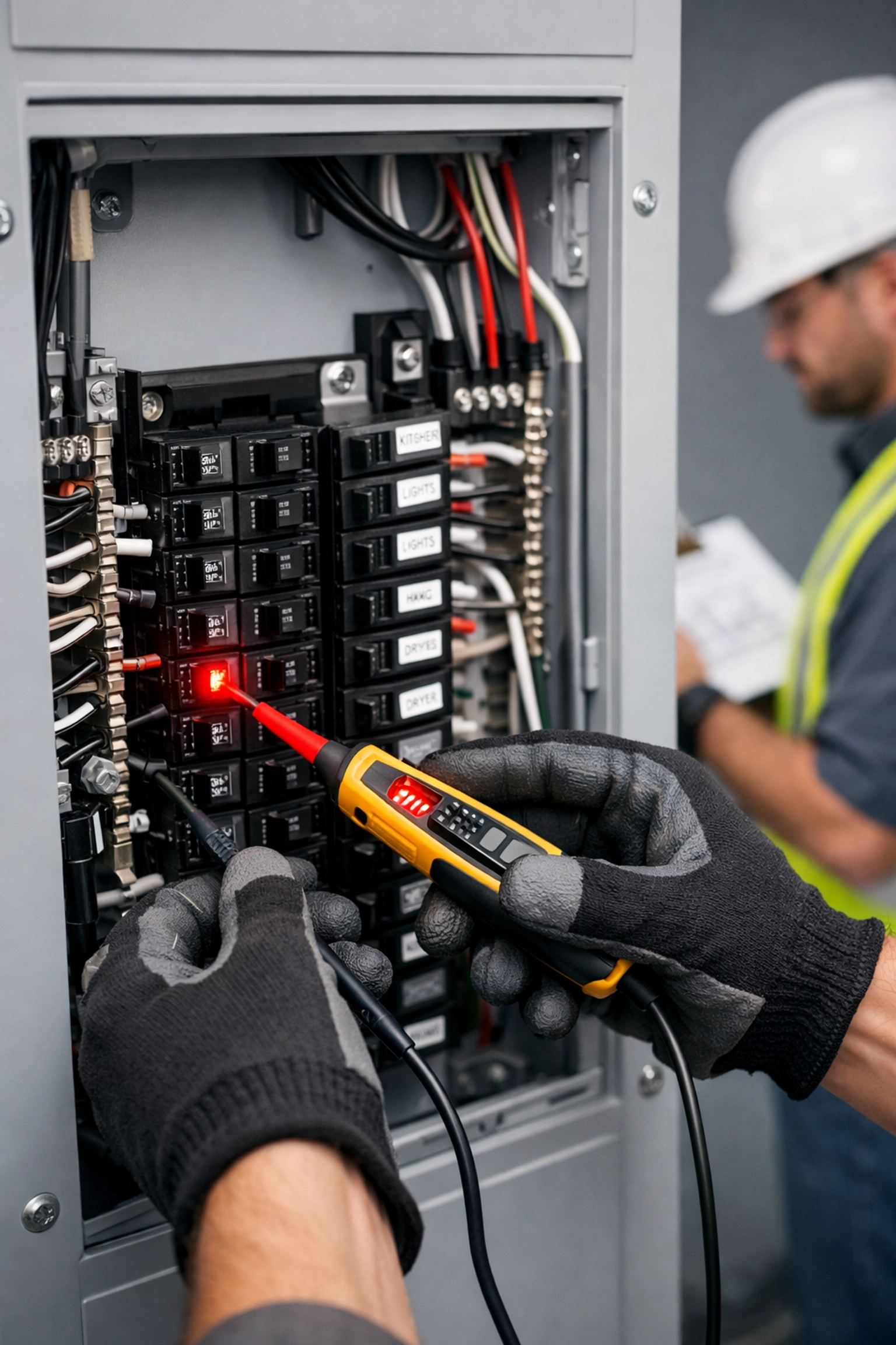 Florida electrician testing residential electrical panel for EV charger capacity