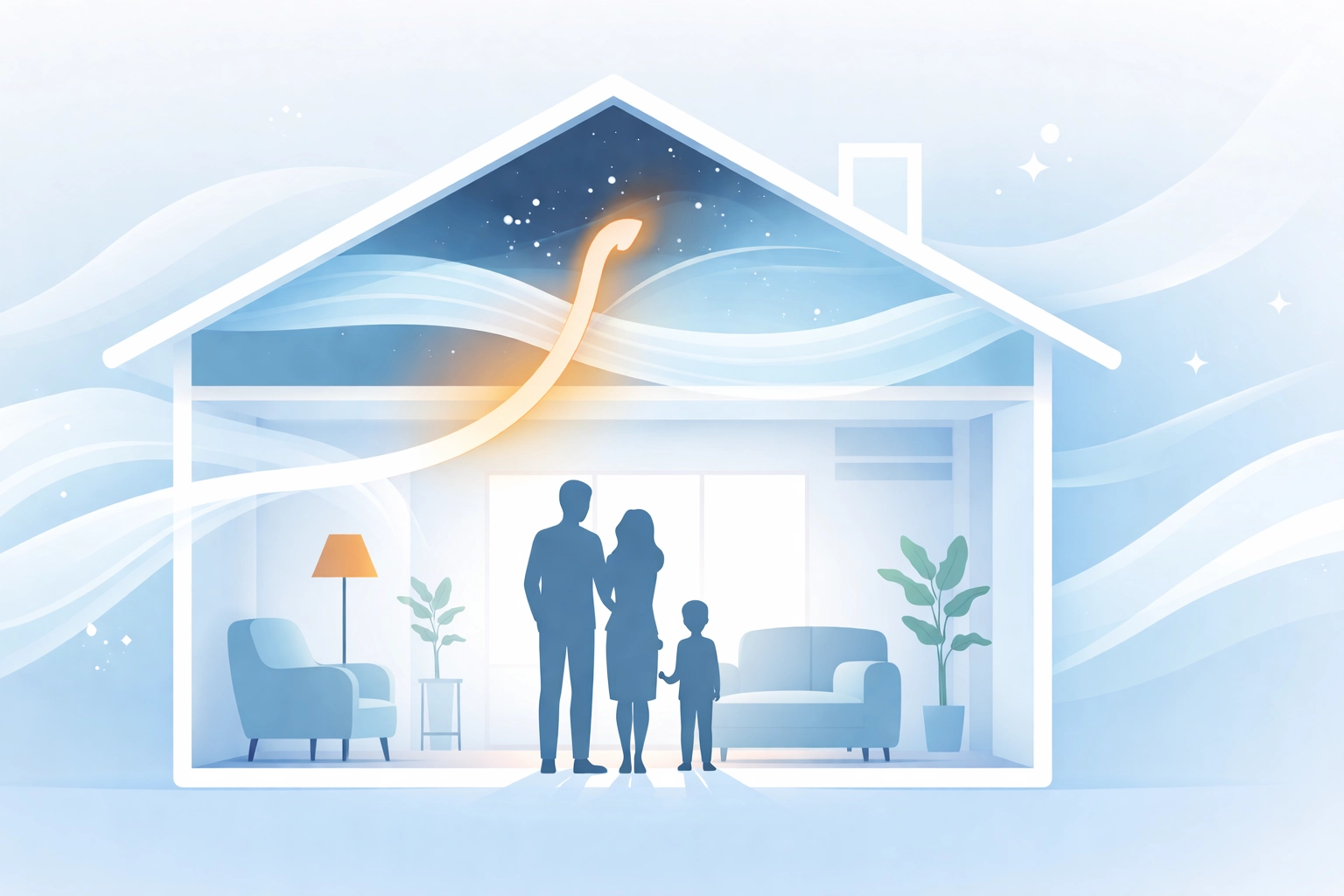 Family inside a home with airflow representation, illustrating clean air benefits from proper loft insulation and ventilation