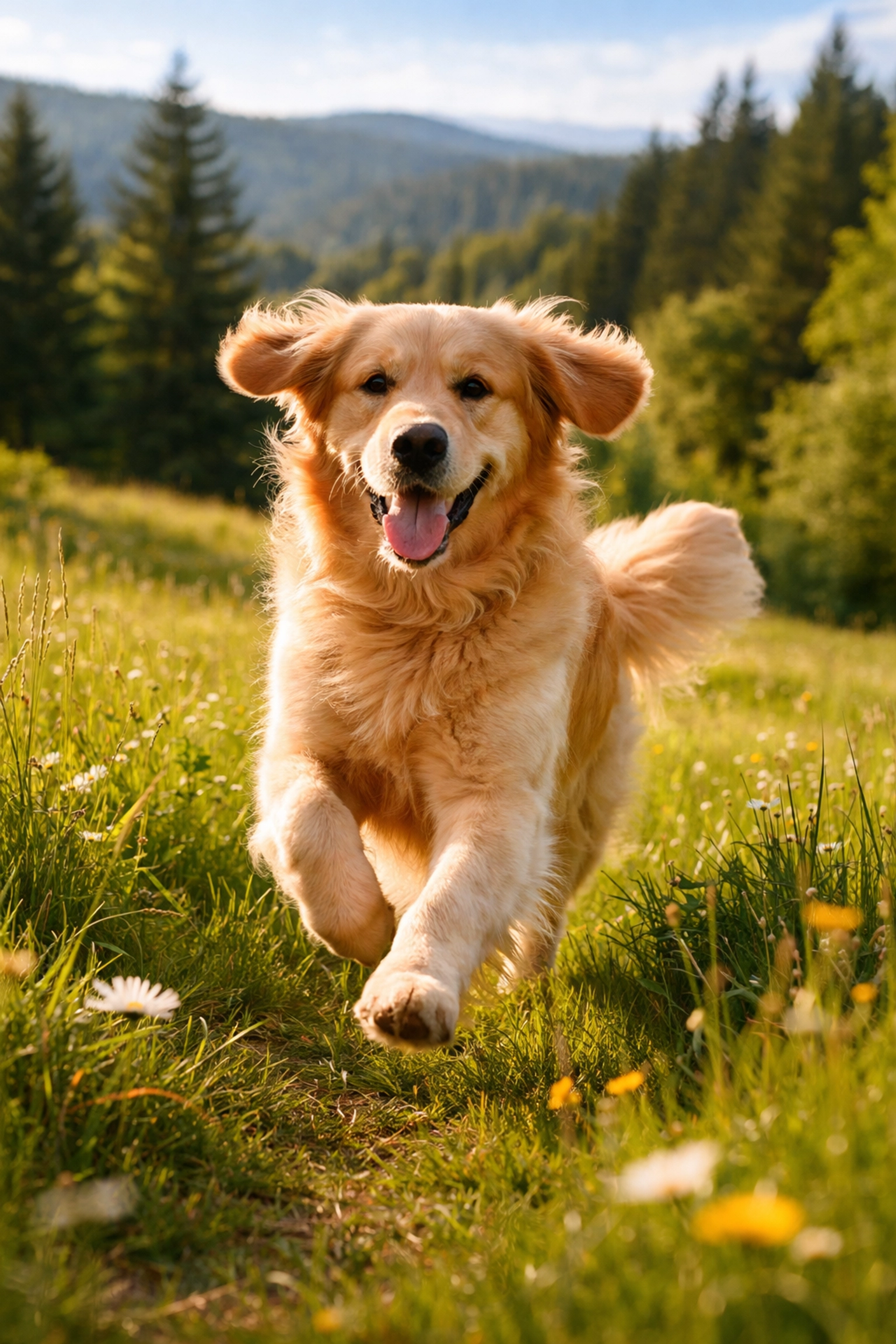 Healthy adult Golden Retriever running in a green meadow, showcasing vitality of well-bred OFA tested Goldens