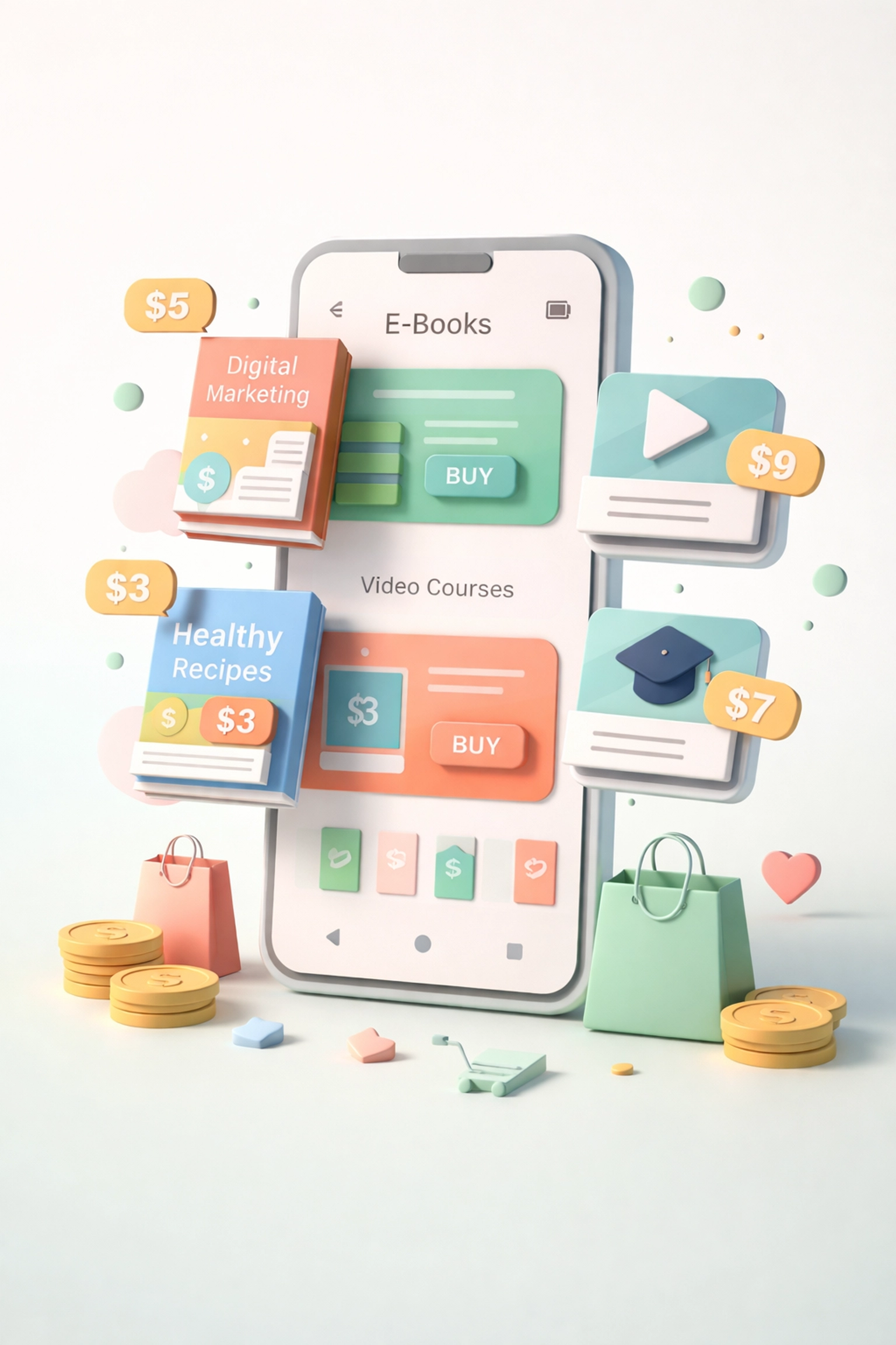 Digital storefront on smartphone with affordable eBooks and video courses from Ezy Learning store