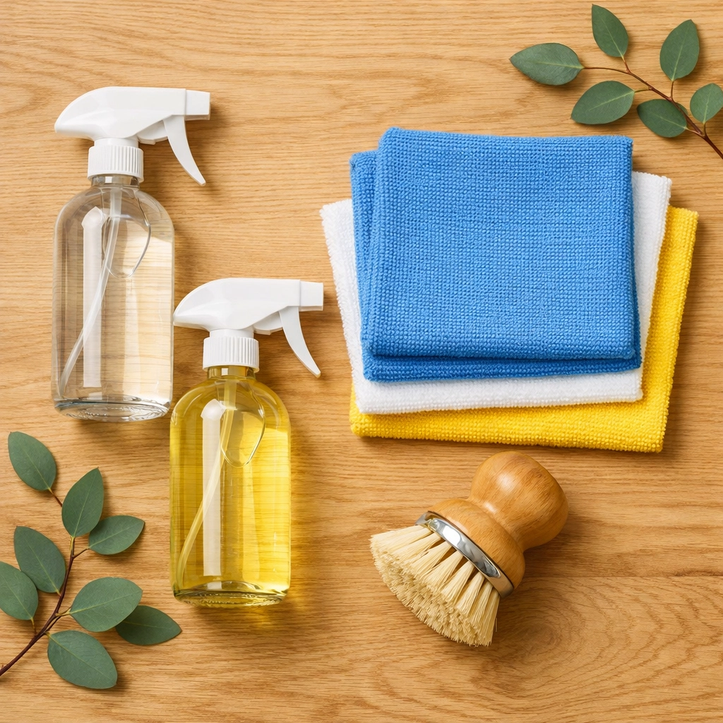 Eco-friendly cleaning supplies used for sustainable and deep apartment turnovers in Cambridge.