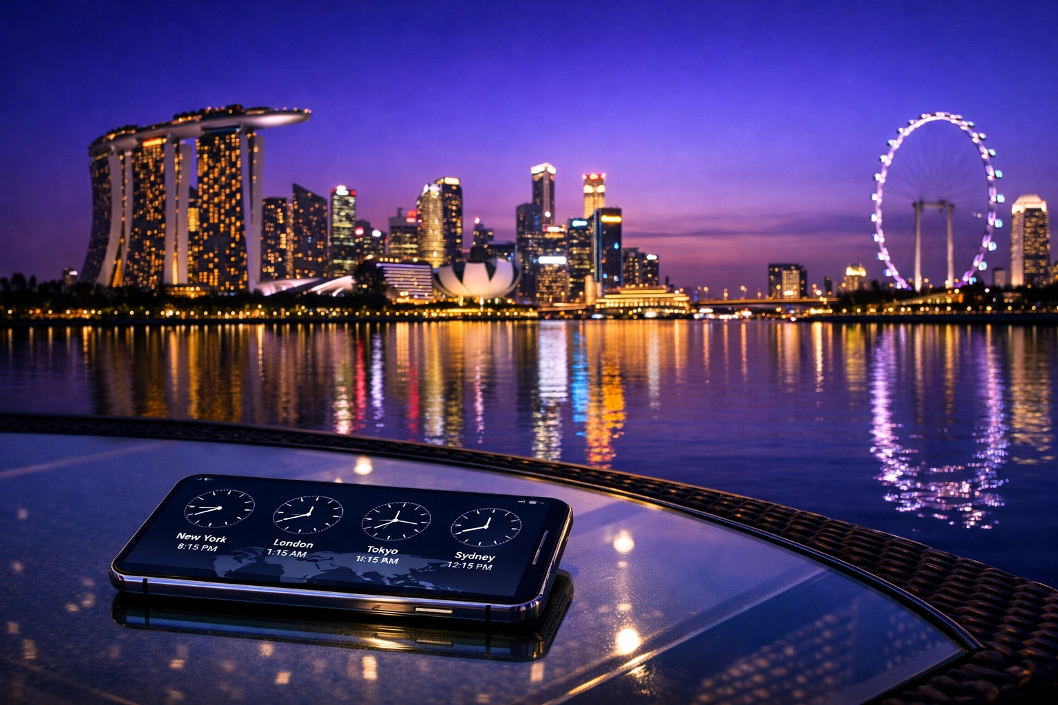Smartphone displaying world clock times against the Singapore Marina Bay skyline at night.