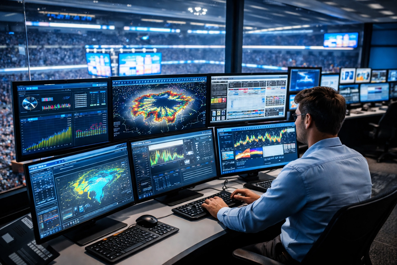 Control room in a sports arena managing digital signage with real-time analytics, optimizing advertising strategy and fan experience.