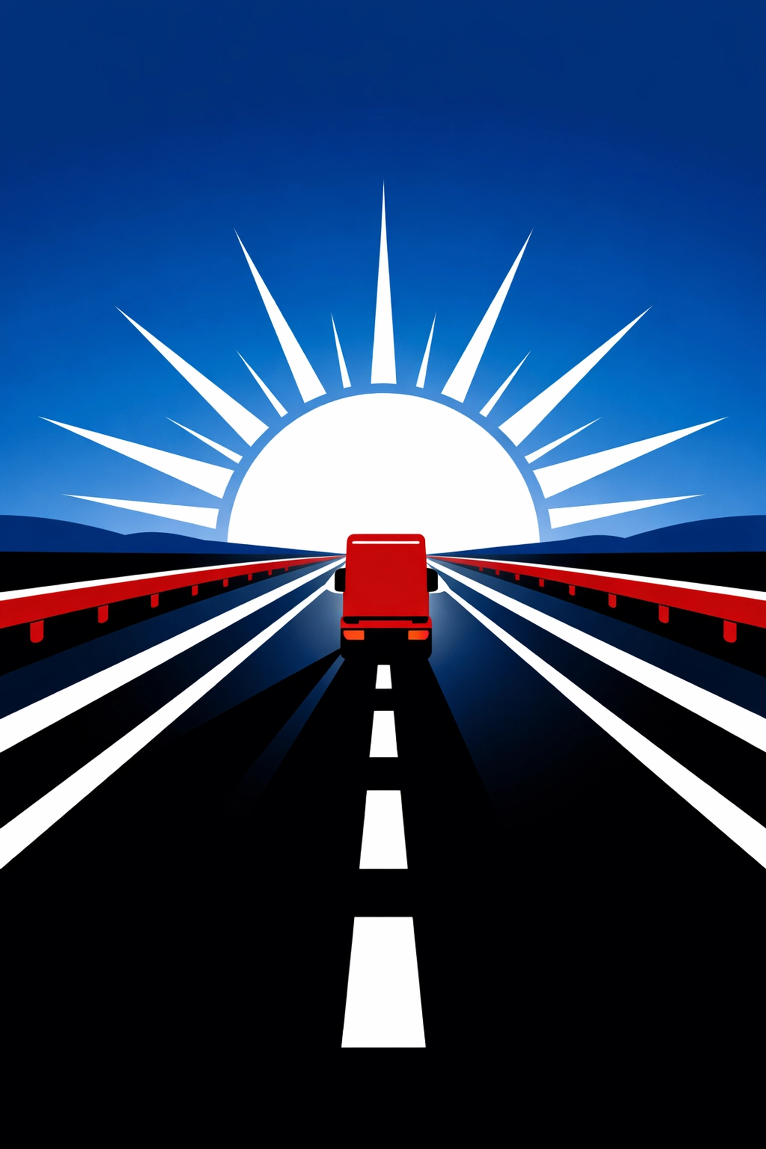 A truck driving on a motorway toward the horizon, symbolizing a successful career on the open road.