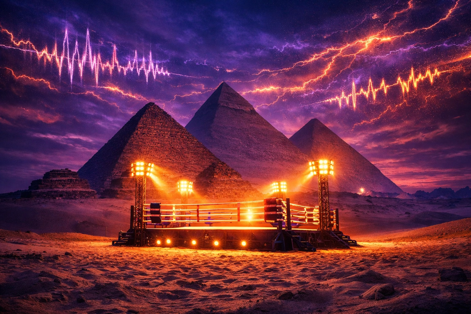 Boxing ring set against the Great Pyramids of Giza in Egypt for the Usyk vs Verhoeven title fight.